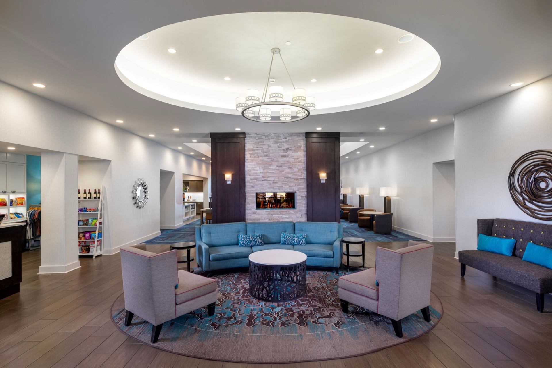 Lobby and fireplace lounge at Homewood Suites by Hilton Asheville